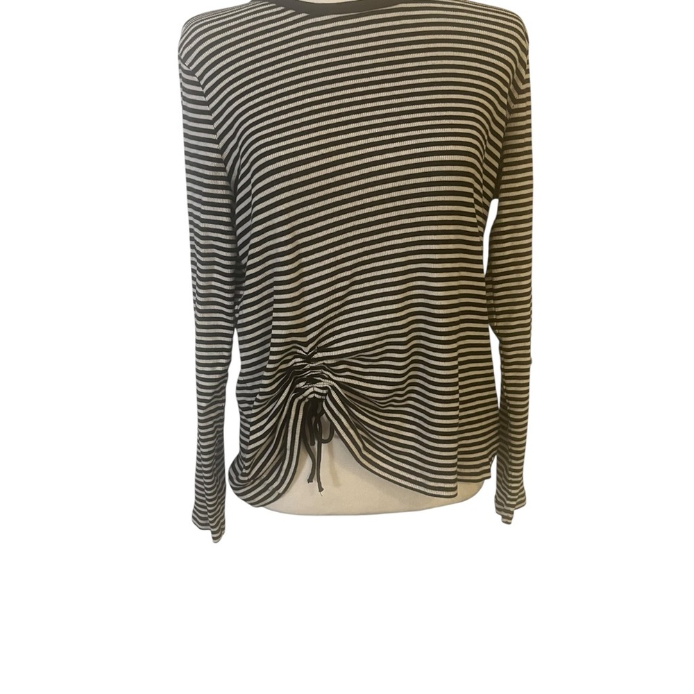 Michael Kors Black and White Striped Ruched Side Long Sleeve Top Size Large